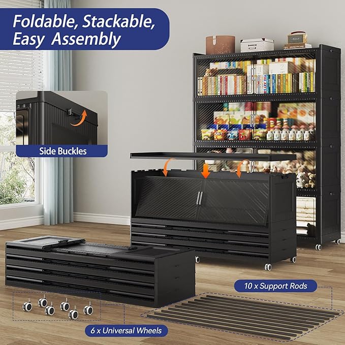 150GAL Extra Large Stackable Storage Bins with Lid, 600QT Plastic Closet Organizer and Storage Cabinet with Wheels and Doors, Folding Storage Box Container for Home Organization, 3Pack Black