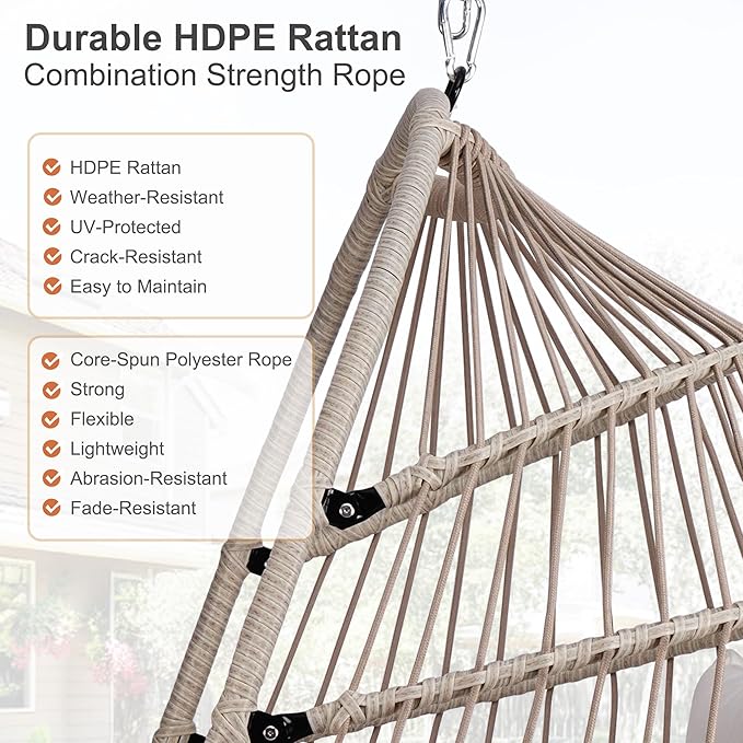 Foldable Hanging Egg Chair with Stand, HDPE Rattan and Heavy Duty Aluminum-Steel Frame, Outdoor Patio Wicker Swing Egg Chair with Headrest and Cushioned, 350 Lbs Capacity (Beige)
