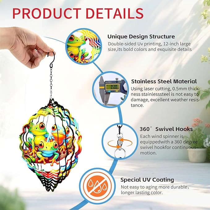 Frog Wind Spinners Outdoor,12 inch 3D Hanging Wind Spinner Garden Decor Gifts for Women/Men,Metal Wind Kinetic Sculpture Decorations for Patio,Yard Art,Porch,Yard,Deck