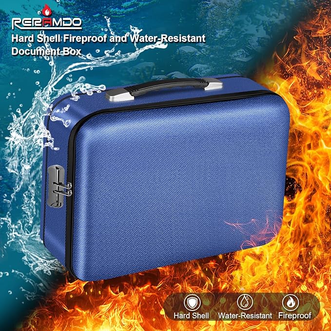 Fireproof Document Box, Hard Shell Fireproof Box, Document Organizer with Lock, Fireproof Water Resistant box, Portable Documents Safe Box for Important Document Certificates, Laptop, Passports, Blue