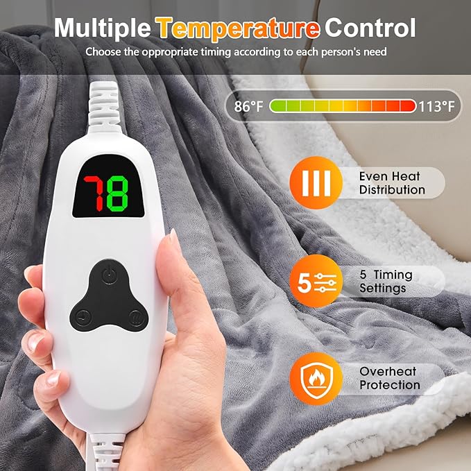 greenoak Wearable Heated Throw Blanket Electric Shawl - Heated Robe Poncho Blanket Hoodie for Adult, Winter Gifts for Mom Women Girlfriend Grandma 5-Position Timer 10-Heating Levels,Grey