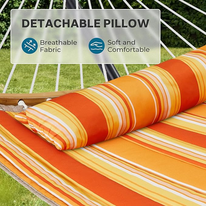 SUPERJARE Hammock with Stand, 2 Person Heavy Duty Hammock with Padded Cotton, Detachable Pillow & Strong Curved-Bar & Portable Carrying Bag, Perfect for Outdoor & Indoor - Tangerine