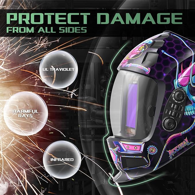 3.94" x 3.66" Large Viewing Hemispherical lense Welding Helmet, 1/1/1/1 True Color Auto Darkening Welding Hood Mask, 4 Arc Sensor Wide Shade for TIG, MIG, ARC, Plasma Cut, Grind, Mecha Style