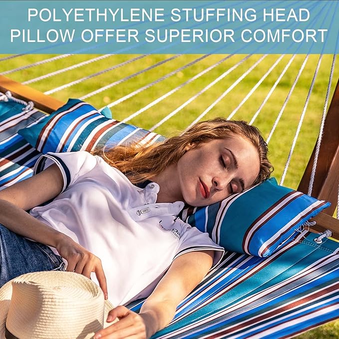 Lazy Daze Hammocks 12 FT Quilted Fabric Double Hammock with Spreader Bars and Detachable Pillow, 450 LBS Weight Capacity, Peacock Green Stripe