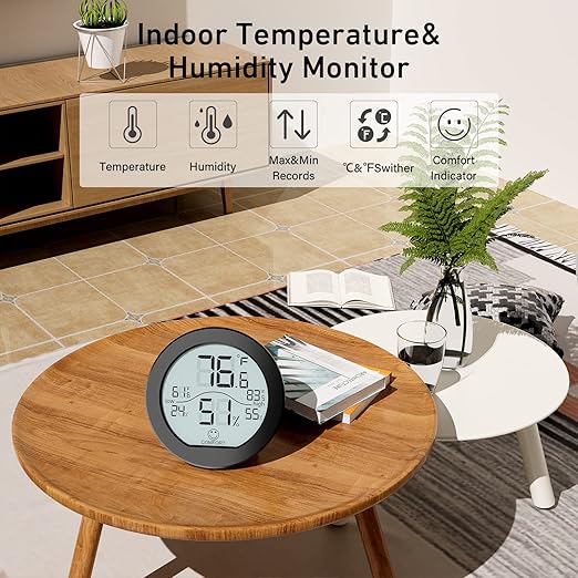 SECRUI Hygrometer Thermometer for Room Temperature Humidity Meter Indoor Thermometer Accuracy Calibration LCD Temperature Sensor with Maximum and Minimum Records, TH1,Black