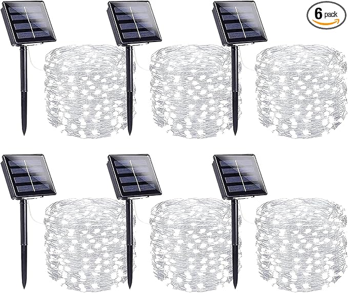 6 Pack Solar String Lights Outdoor, Extra-Long 600LED Fairy Lights Outdoor Waterproof, Solar Twinkle Light Silver Wire 8 Modes Fairy Light for Xmas Tree Party Wedding (Cool White)