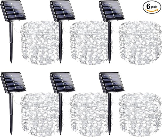 6 Pack Solar String Lights Outdoor, Extra-Long 600LED Fairy Lights Outdoor Waterproof, Solar Twinkle Light Silver Wire 8 Modes Fairy Light for Xmas Tree Party Wedding (Cool White)