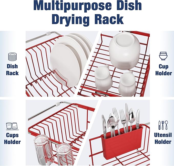 Dish Drying Rack in Sink, Red Dish Dryer Racks Over Sink, Dishes Drainers for Kitchen Sink, Stainless Steel Plates Drying Rack with Utensil Holder & Cups Holder