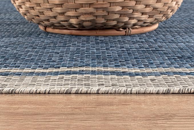CAMILSON Outdoor Rug, 8x10 Bordered Navy Blue Gray Modern Area Rugs for Indoor and Outdoor Patios, Porches Waterproof Washable Porch Deck Outside Carpet (Bordered Navy, 8 x 10)