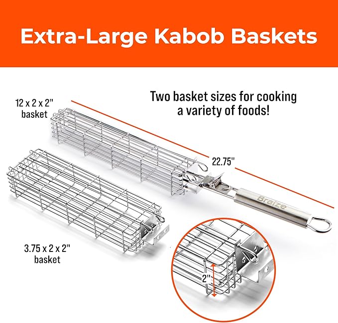 Large Grilling Basket Set – 3 Stainless Steel Kabob Baskets with Removable Handle & Scrubber Sponge – Heavy-Duty Grill Accessory for Veggies, Meat & More