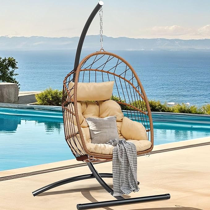 DWVO Egg Chair with Stand, Hanging Outdoor Rattan Wicker Patio Hammock Indoor Egg Chair with Cushion, Hanging Swing Chair 300lbs for Porch, Garden, Bedroom, Balcony, Beige