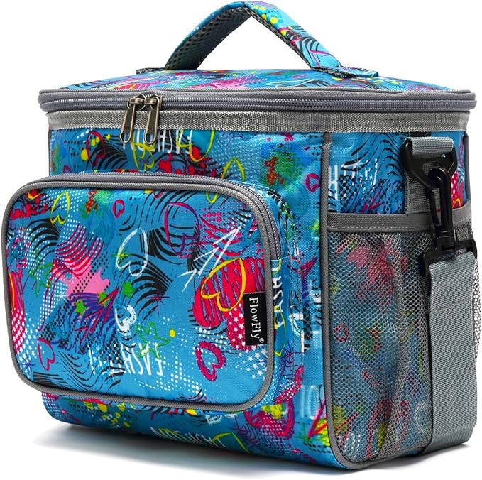 FlowFly Insulated Reusable Lunch Bag Adult Large Lunch Box for Women and Men with Adjustable Shoulder Strap,Front Zipper Pocket and Dual Large Mesh Side Pockets,Heart
