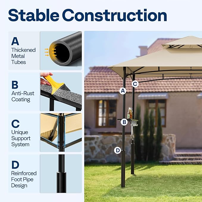 VIVOHOME Grill Gazebo Outdoor BBQ Patio Canopy Tent with Double Tiered Vented Top & 2 Side Shelves, Taupe