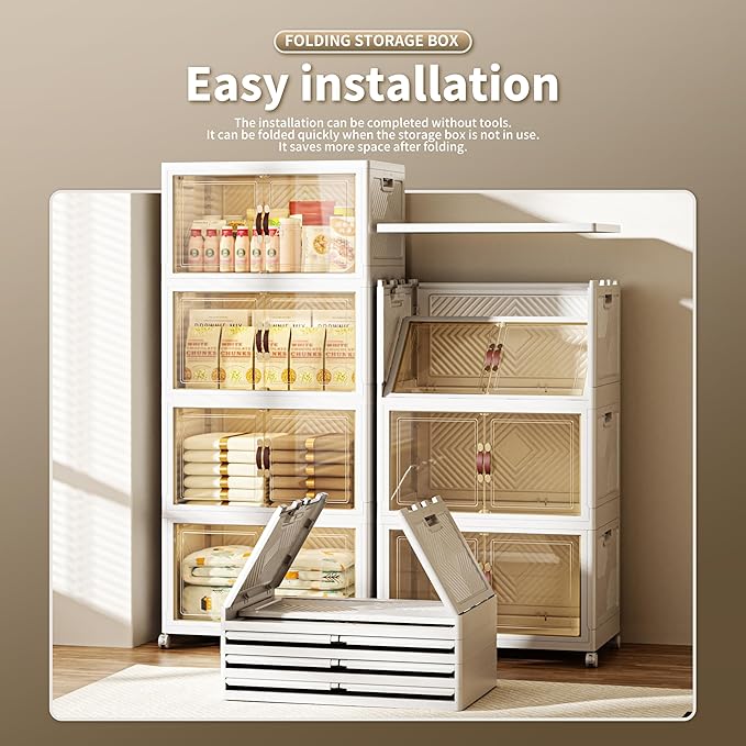 532 QT / 133 Gal Collapsible Storage Bins with Wheels & Magnetic Doors - Stackable Plastic Cabinet Organizer for Home, Garage, Closet (White Space-Saving Containers)