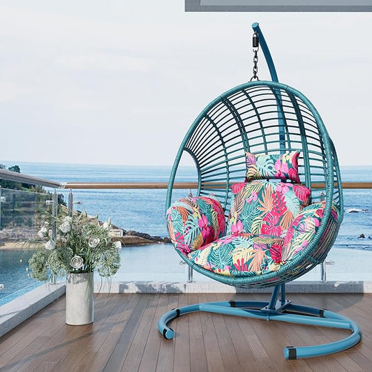 Oversized Hanging Egg Chair Outdoor Indoor, Wicker Swing Egg Chair with Stand 400lbs Capacity for Bedroom, Patio, Garden and Balcony (Hawaii Blue-Regular, Oversize)