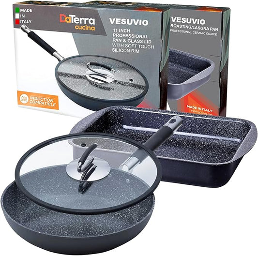 DaTerra Cucina Nonstick Ceramic Frying Pan (11") & Roasting Pan (16.1"x11.7"x2.7") Bundle - Oven Safe, Stovetop Compatible, PTFE & PFOA Free, Volcanic Black, Made in Italy