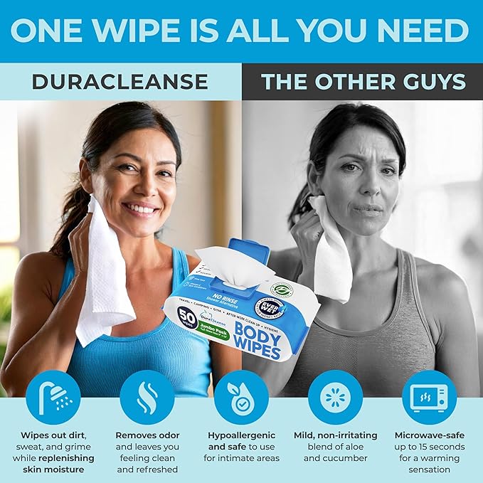 Dura Cleanse Body Wipes for Adults Bathing No Rinse (2 Pack) 100 XL Shower Wipes + 8 Travel Bath Sheets - 9" x 12" Extra Thick Adult Disposable Washcloths for Elderly Incontinence & Camping Essentials