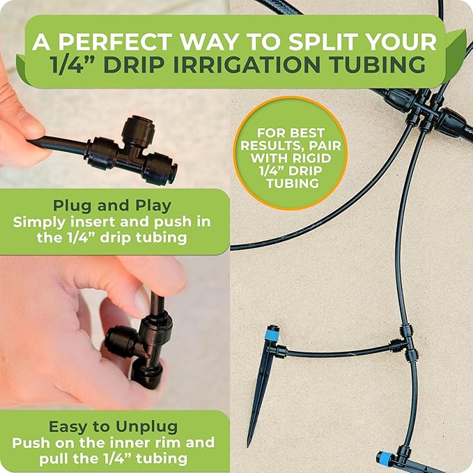 Carpathen Drip Irrigation Fittings Pack - Push-to-Connect Irrigation System Compatible - 3 x 4Way Coupler 1/2" to 1/4", 3 x 3 Way Tee T Shape Barbed 1/4 Drip Tubing Splitter, 5 x 1/4 End Plugs
