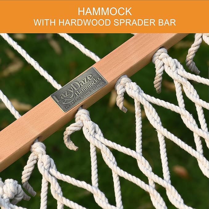 Lazy Daze Hammocks 12 FT Double Rope Hammock and 13 FT Brown Wooden Arc Stand, 2 Person Hand Woven Cotton Hammock with Spreader Bar for Outdoor Patio Poolside, 450 lb Capacity, Natural