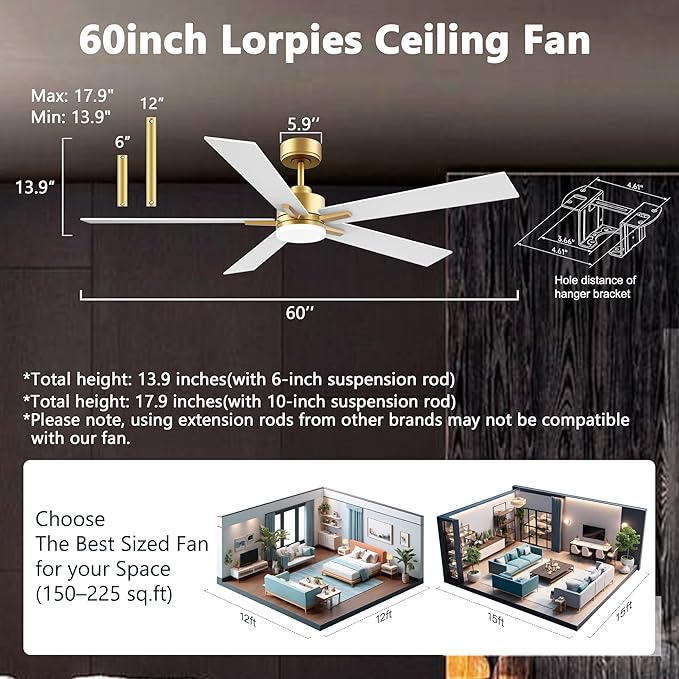 60 Inch Smart Ceiling Fan with Lights Remote,Control via Voice Alexa Google App Wifi,Silent DC Motor,Dimmable,Outdoor Indoor Modern Ceiling Fans for Large Bedroom Living Room Patio,Gold White Black