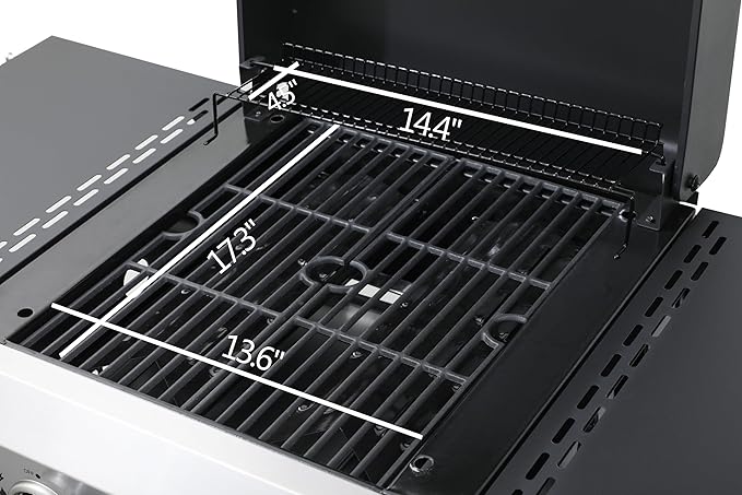 2-Burner Propane Gas BBQ Grill, SS Plancha, 24600BTU Output With Wire Enamel Cooking Grids For Outdoor Barbecue, Stainless Steel Foldable Side Table, Hanging Basket,Black Silver