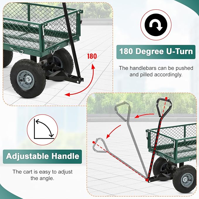 BestMassage Heavy Duty 500 Lbs Capacity Mesh Steel Garden Cart Folding Utility Wagon with Removable Sides for Beach Lawn Yard Landscape (Green)
