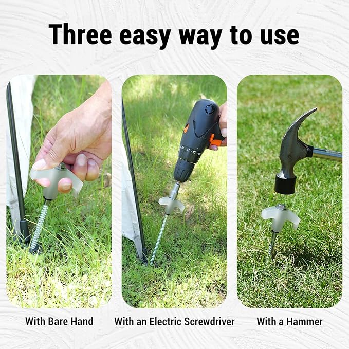 12 Pack Screw in Tent Stakes Heavy Duty-8” Metal Pegs for Ground, Drill in Camping Stake with Hex Head Driver, Spikes Puller, Protector in a Carrying Bag, for Hiking, Hammocks, Glow in Dark