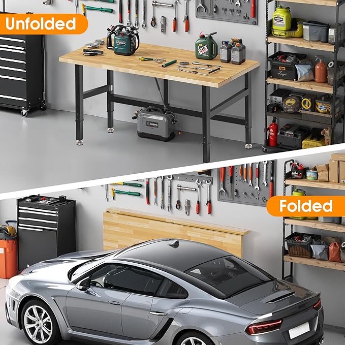 48” Folding Workbench, 2000 LBS Capacity Heavy Duty Workbench, Height Adjustable Foldable Work Table, Rubberwood Collapsible Desk for Workshop, Garage, Office, Home