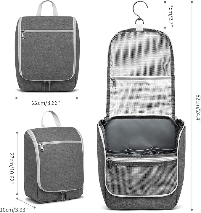 Della Gao Travel Hanging Toiletry bag for Men & Women, Water-resistant Sturdy Nylon Toiletries Organizer for Cosmetics, Makeup Brushes, Shaving Tools, Bathroom Bag, Grey