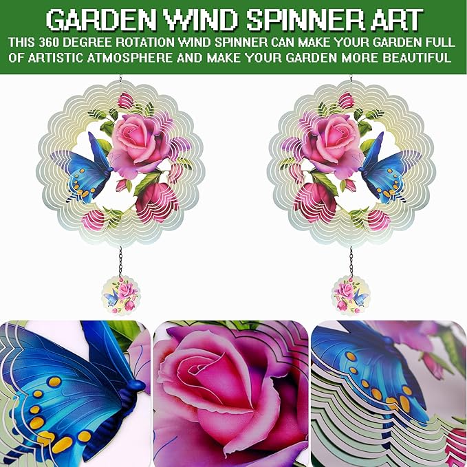 Butterfly Metal Wind Spinners - Gifts for Women Mom Grandma Wife, Hanging Wind Spinner for Outdoor & Indoor Decorations, 12 inch Wide, 21 inch Long, Wind Spinner for Christmas Ornament Gifts