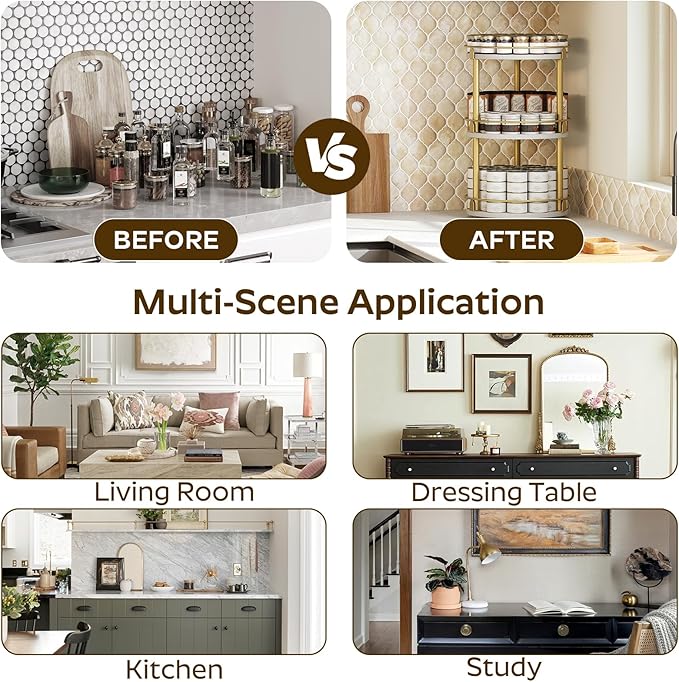 3-Tier Lazy Susan, Rotating Spice Rack, Spinning Organizer, Industrial Turntable Spice Rack for Cabinet, Kitchen Countertop, Pantry, White and Gold SR23DW