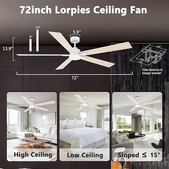 72" Large Smart Ceiling Fan with Lights Remote,Silent DC Motor,Control via Voice Alexa Google App,Outdoor Indoor Modern Ceiling Fans for Large Living Room Patios Decks,Dimmable,5 Blades in White&Wood