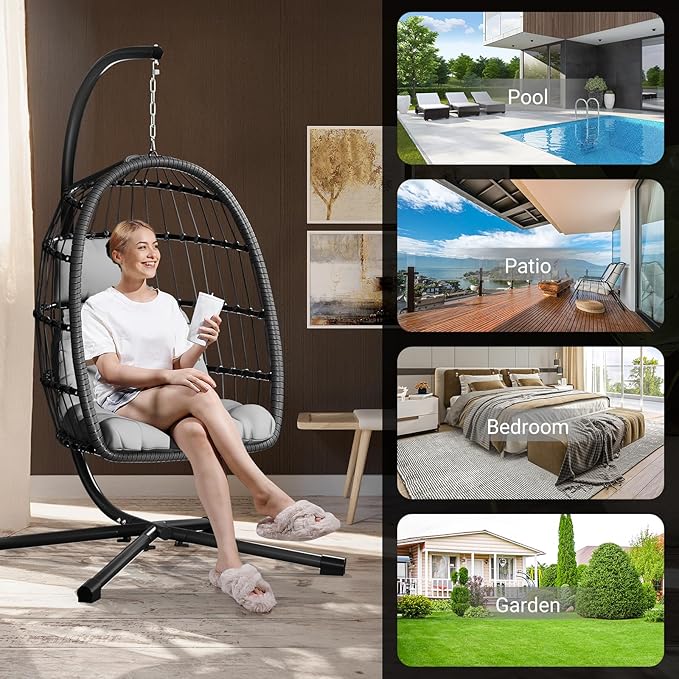 LEVELEVE Egg Chair with Stand,Patio Rattan Wicker Hanging Swing Egg Chair Hammock Chair for Bedroom Porch Garden,Thickened Aluminum Alloy Steel Frame and UV Resistant Cushion,350LBS Capacity