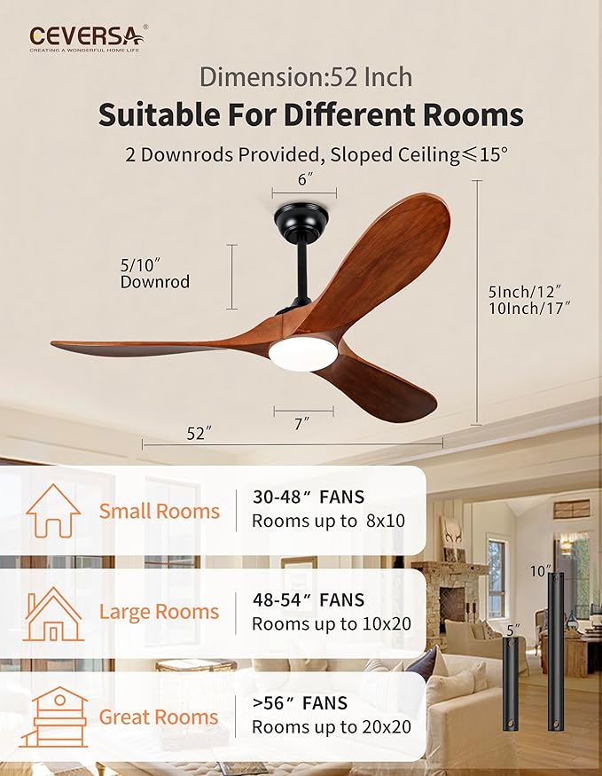 52 Inch Ceiling Fans with Lights and Remote, 3 Blades Outdoor Wood Ceiling Fan, Quiet Noiseless DC Motor, Modern Propeller Rustic Ceiing Fan for Farmhouse, Living Room, Bedroom, Indoor, Walnut