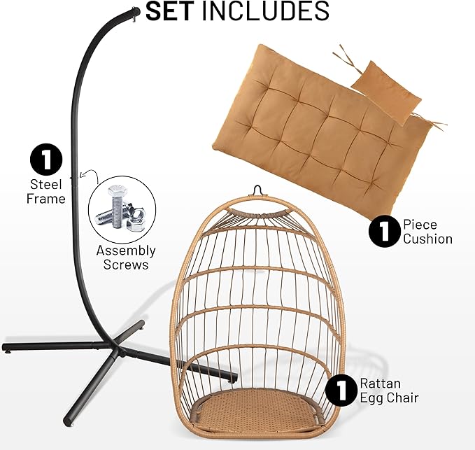 SereneLife Foldable Egg Chair with Stand – Hanging Rattan Wicker Swing for Indoor Outdoor Use – 350 lbs Capacity, Breathable Cushion & Headrest – Patio, Balcony, Porch, Bedroom Lounge Furniture