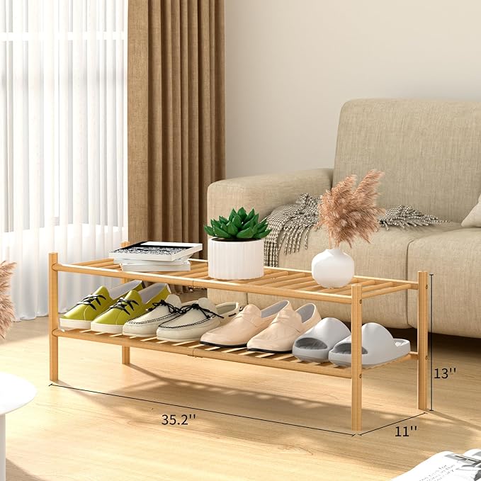 2-Tier Bamboo Long Shoe Rack, Free Standing Wood Shoe Shelf Storage Organizer for Closet Entryway Stackable 35"x11"x13" (Natural)