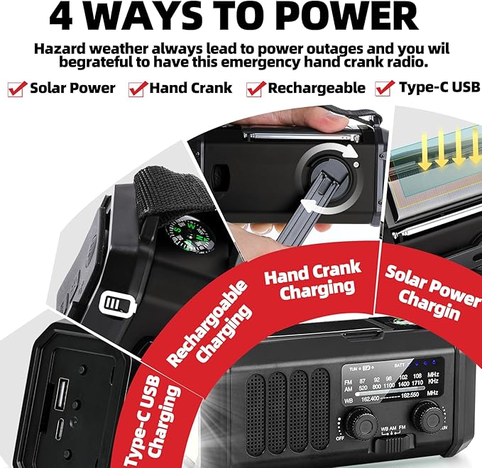 Hand Crank Emergency Radio,37000mWh Solar Powered Portable NOAA AM FM Weather Radio with 3Mode Flashlight and Reading Light,Cell Phone Charger,Home and Emergency Distress Signal (Black)