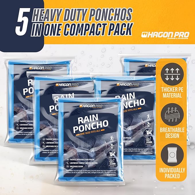 Hagon PRO Disposable Rain Ponchos for Adults (5 Pack)