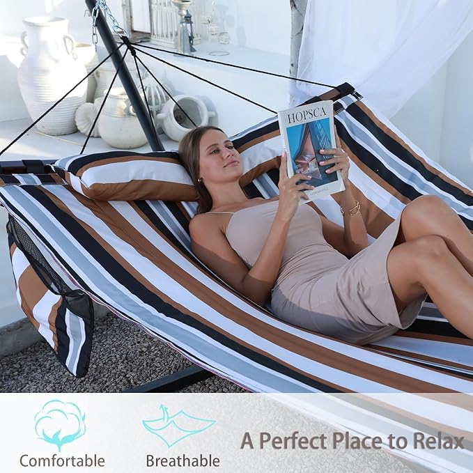 TegerDeger 12FT 2 Person Hammock with Stand Included 55 x 79IN Large Hammock 450LB Capacity with V Shaped Hardwood Spreader Bar & Nylon Rope for Outside, Patio, Garden, Backyard, Beach- Coffee Stripes