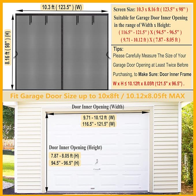 1 Car Garage Door Screen Kit 10x8ft - Retractable Magnetic Mesh Screen Door with Fiberglass Mesh, Blocks Bugs & Provides Privacy - Ideal for 10x8 FT Workshop, Gym, Game Room, Porch or Patio