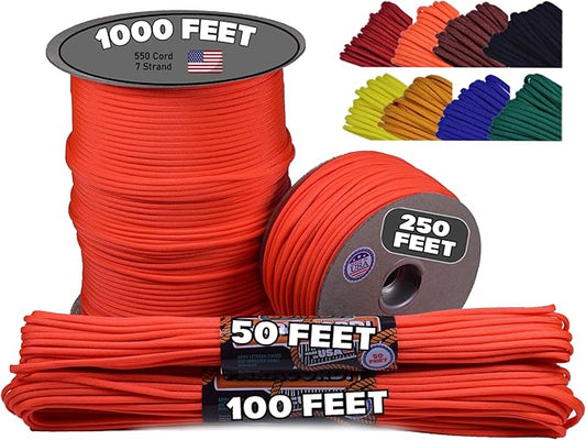 BORED? PARACORD! 550 lb Paracord - Ideal for Crafting, Camping, DIY Projects, Active & Military Outdoors - Strong Survival Rope - Tactical Parachute Cord Type III - Neon Orange 250 Feet