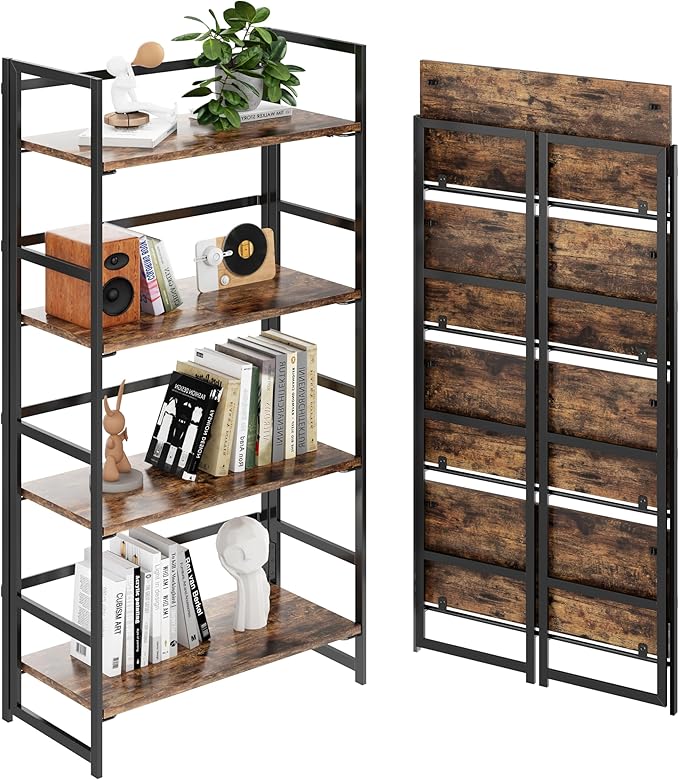 BHG Vintage Multifunctional Folding Bookshelf, No-Assembly Plant Stand Storage Rack Shelves for Home Office (Fire, 4-Tier)
