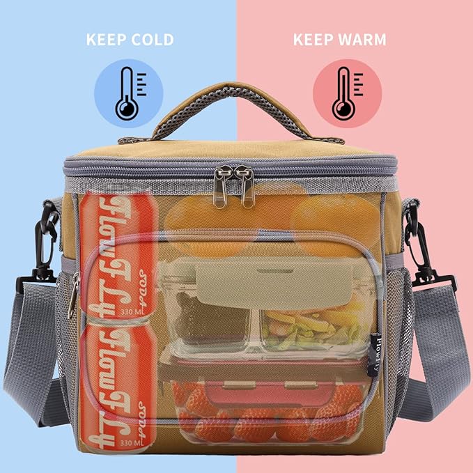FlowFly Insulated Reusable Lunch Bag Adult Large Lunch Box for Women and Men with Adjustable Shoulder Strap,Front Zipper Pocket and Dual Large Mesh Side Pockets,Brown