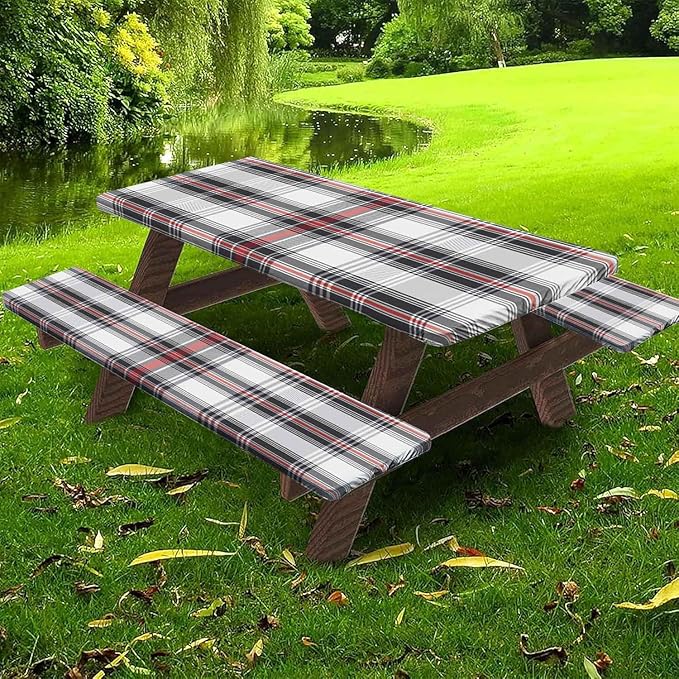 CAPSCEOLL Fitted Picnic Table Cover with Bench Covers with Elastic 6Ft Waterproof Camping Picnic Table Cover Cloths for Outdoors Camping Tablecloth with Drawstring Bag, 72X30in, Grey Red