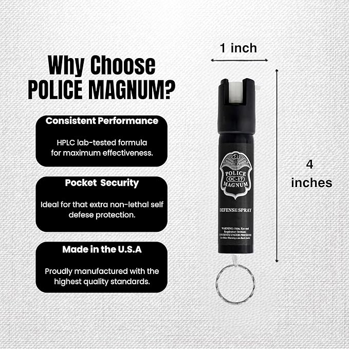 Police Magnum Compact Pepper Spray Self Defense Safety Tool- Strong Built-in Keychain Holder- Small Discreet Canister- Made in The USA- 1 Pack 3/4oz Twist Lock Keyring