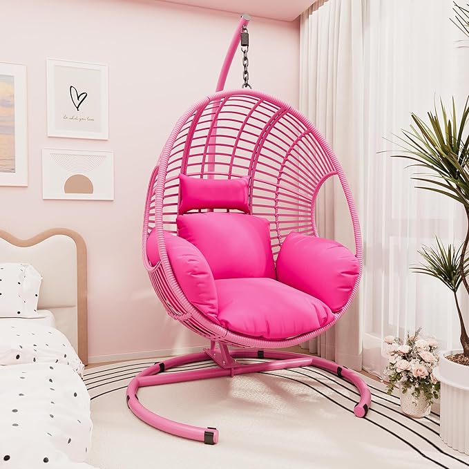 Hanging Egg Chair with Stand - Egg Swing Chair Outdoor Indoor Patio Wicker Chair Swing Hammock Egg Chairs 400lbs Capacity for Outside Patio, Bedroom, Garden and Balcony (Pink, 2P)