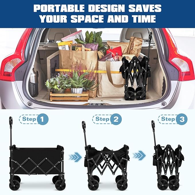 Collapsible Wagon Cart Foldable, Portable Heavy Duty Collapsible Beach Cart All Terrain with Large Capacity, Garden Wagons with Wheels for Shopping, Sports, Camping，Garden，Grocery