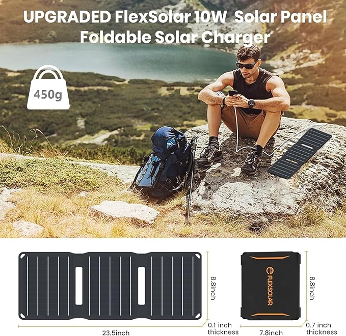 FlexSolar 15W USB Solar Panel Small Portable Foldable Solar Charger (5V/3A Max), Mobile Solar Panels Compatible with Cell Phone iPad, IP67 Waterproof Mini Solar Panels for Backpacking, Camping, Hiking