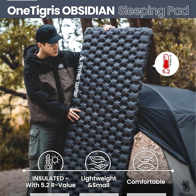 ONETIGRIS Obsidian Ultralight Sleeping Pad, 5.2R Insulated, Inflatable Camping Backpacking Sleeping Mat Weighs 2.05lb, 74.4" x 24.8"