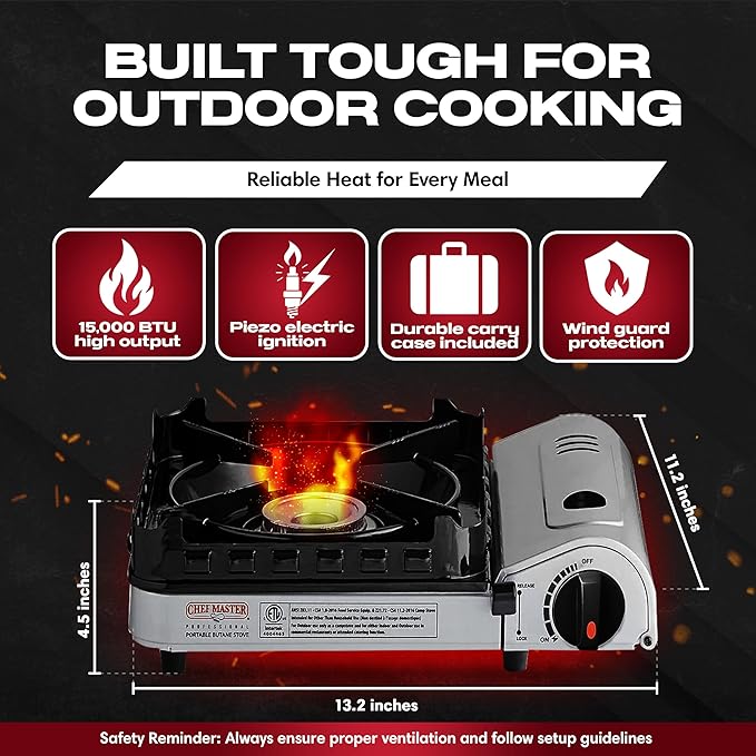15,000 BTU Output Portable Butane Camping Stove by Chef Master, Double Wind-Guard Portable Stove Burner, Peizo Click Ignition for Emergencies, Tailgating, Hiking, Backpacking, Camping Essential -90019